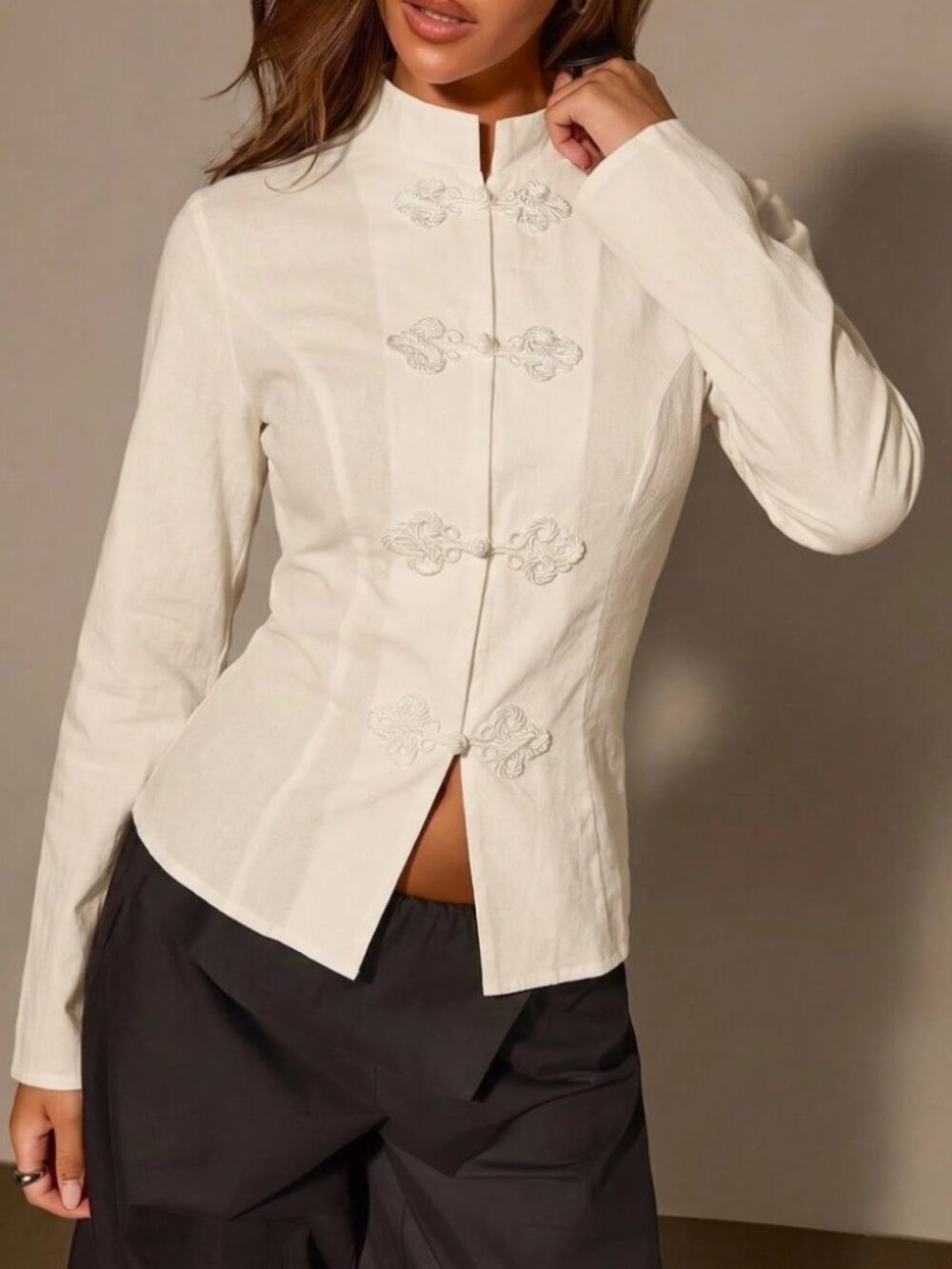 Ivory Frog-Button Mandarin Collar Blouse